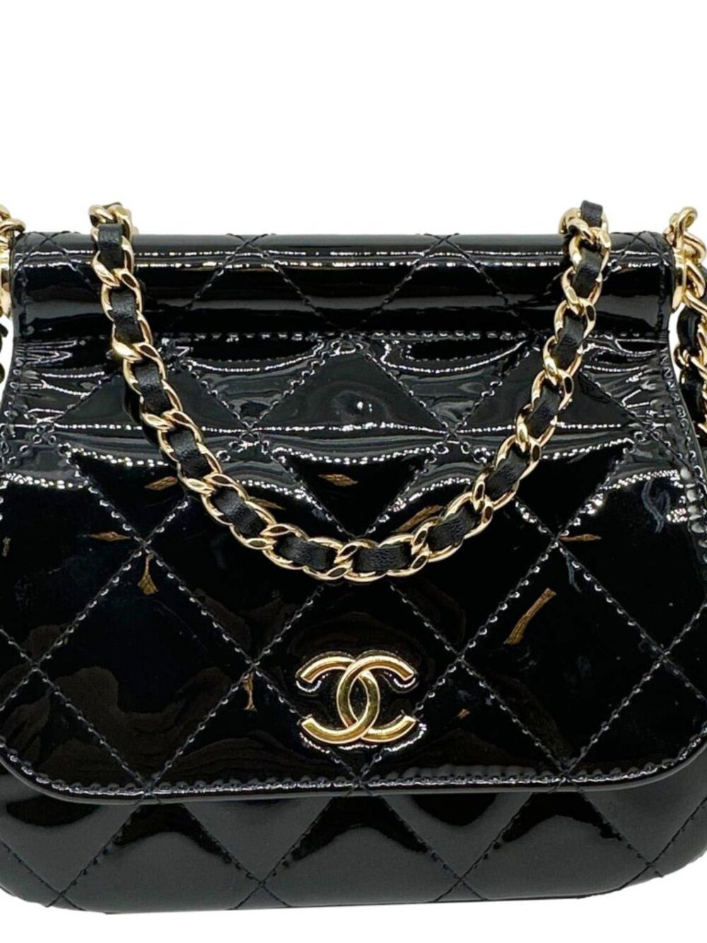 Chanel  Frame Clutch Flap With Chain Quilted Patent Leather Crossbody Bag Black